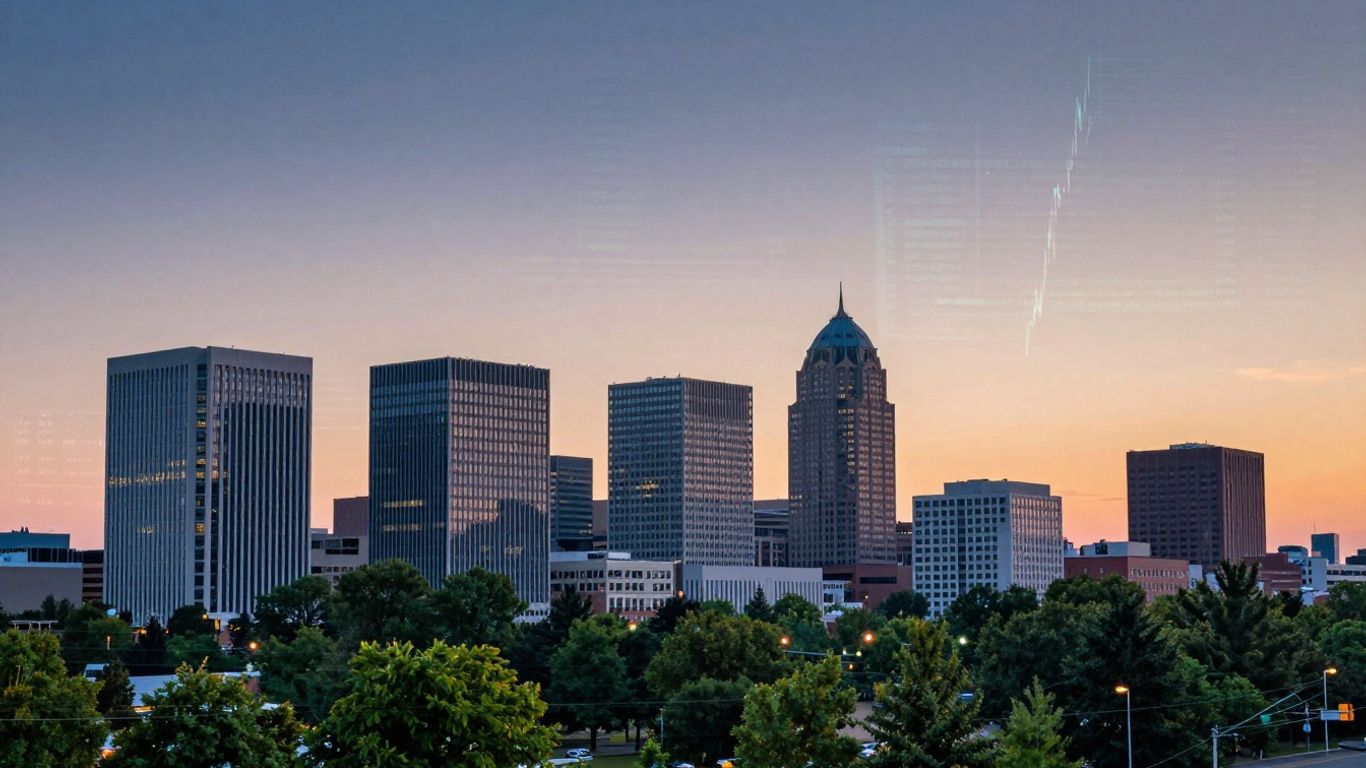 Charlottesville skyline with abstract financial data streams.