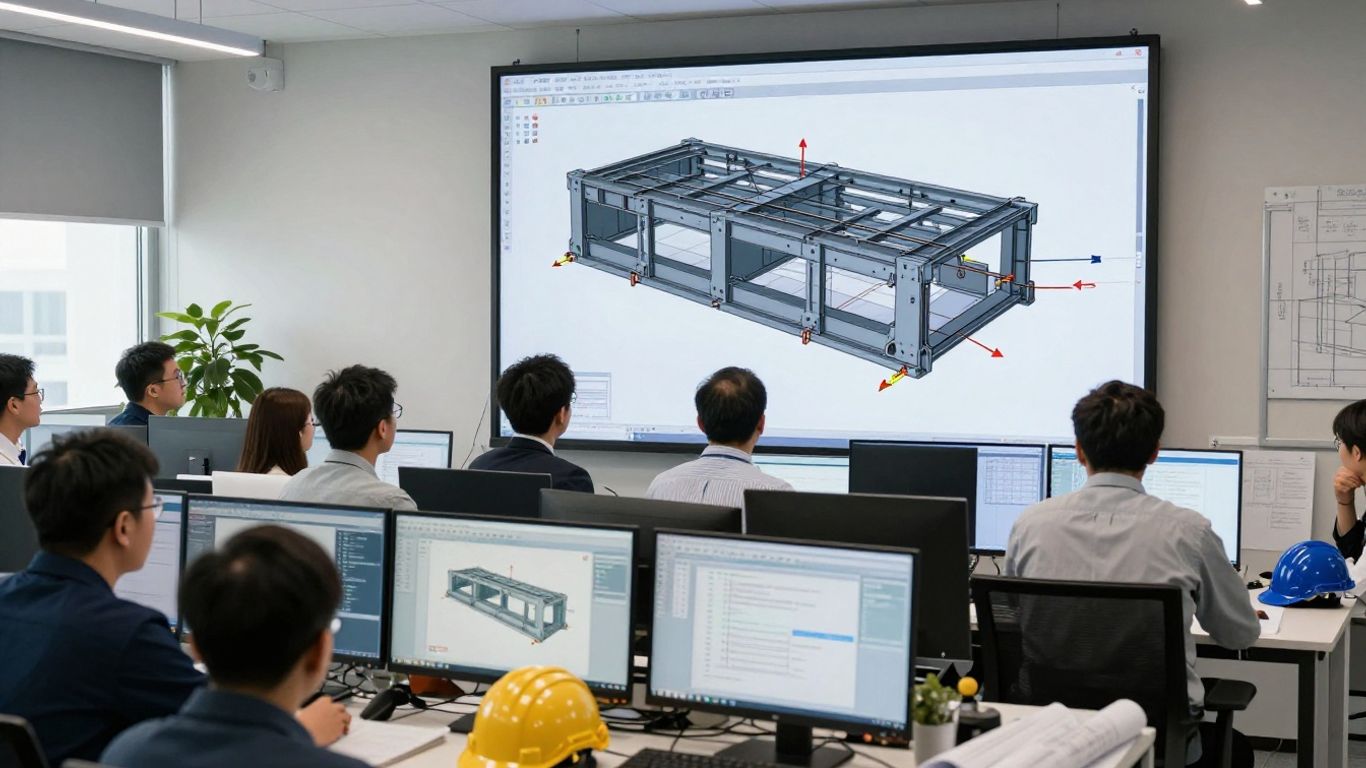 Engineers reviewing optimized steel frame geometry