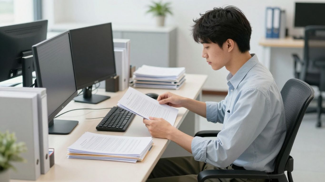 Fotografía de una persona joven organizando una oficina profesional moderna
