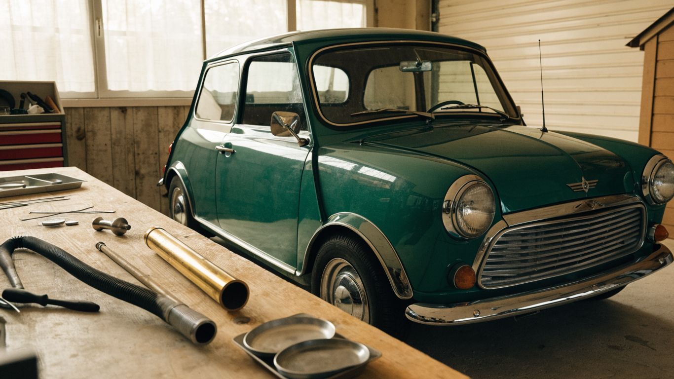 Replacement parts arranged beside a classic Mini