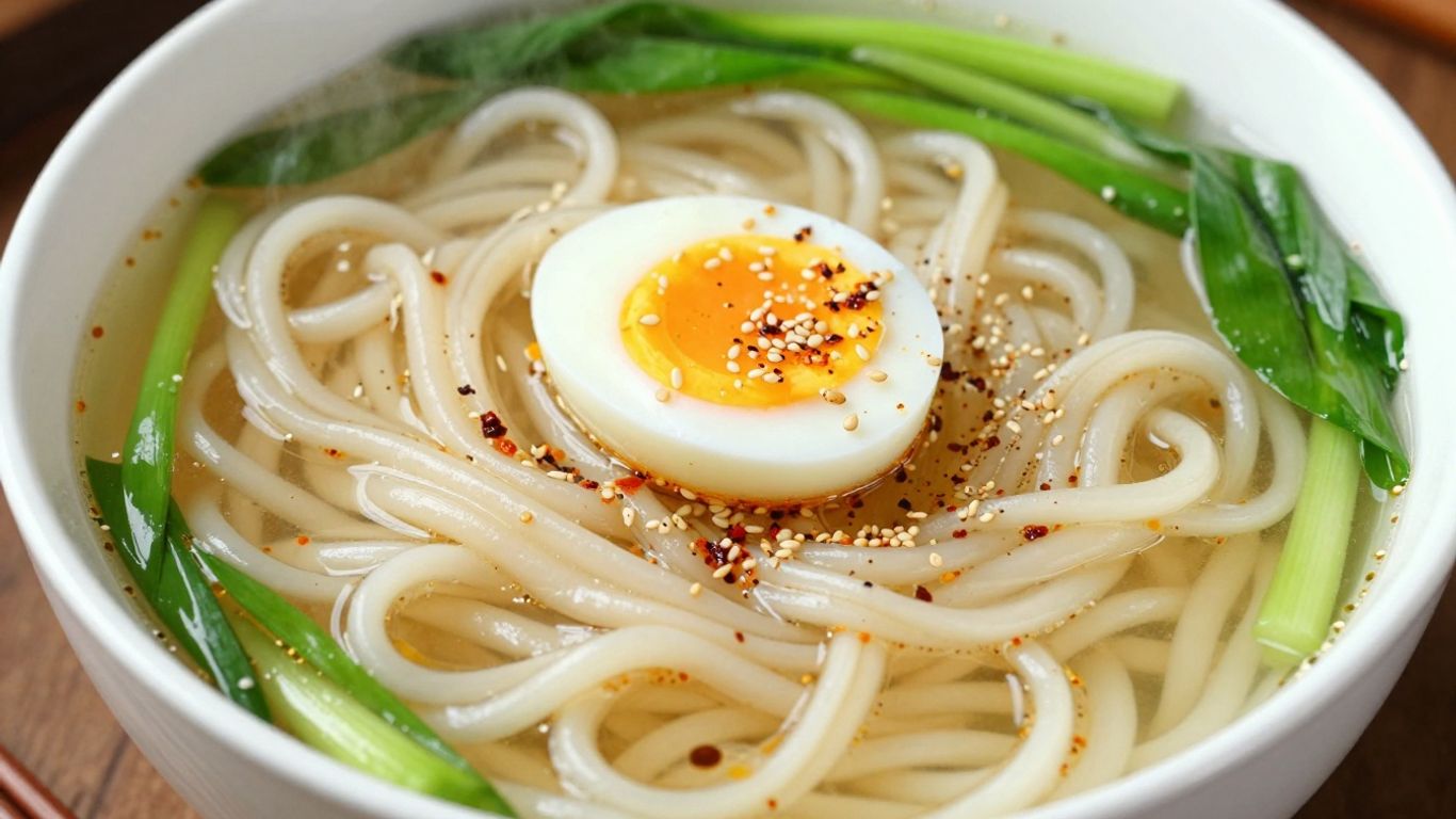 Vegetarian udon noodles in a savory broth with toppings.