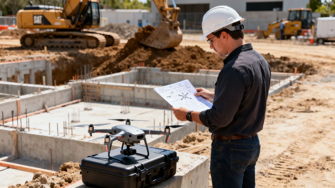 Drone operator planning a construction site flight
