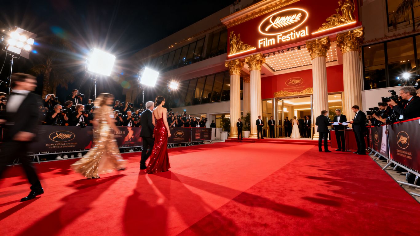 Cannes Film Festival red carpet and cinema entrance with flashing lights.