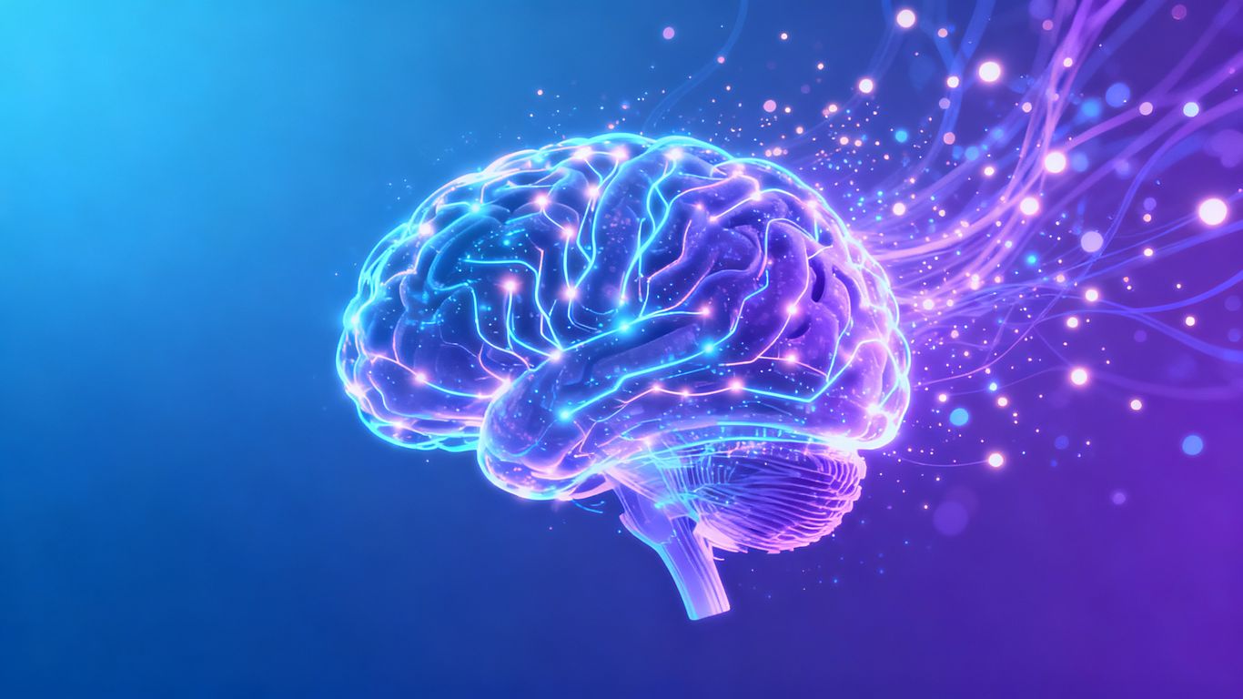 Digital brain with glowing neural pathways and light particles.