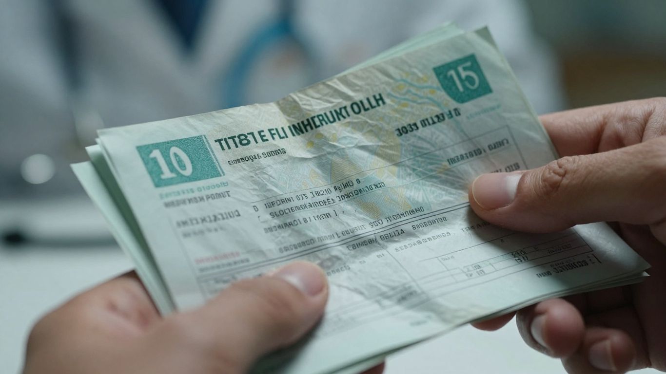 Facturas médicas y mano sosteniendo dinero.