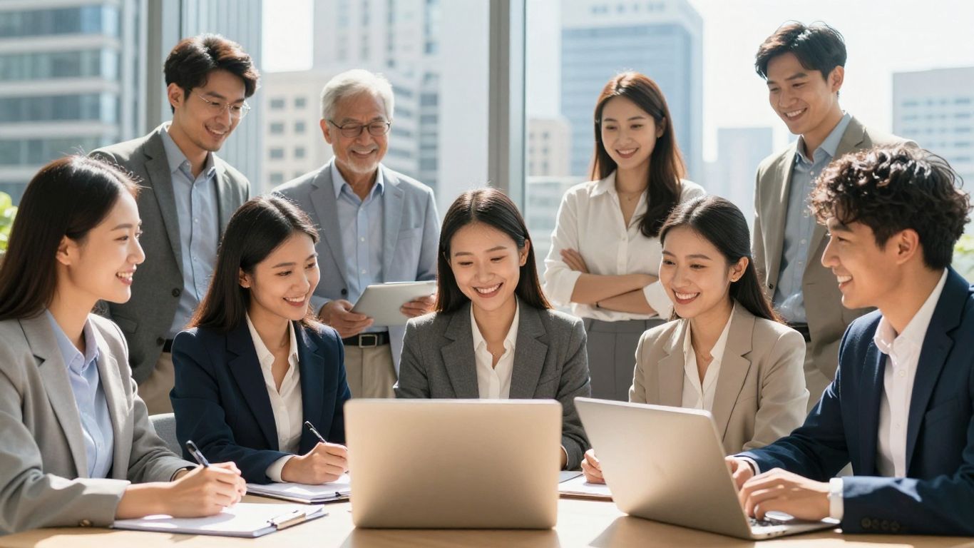 Personas sonriendo y colaborando en un entorno profesional.