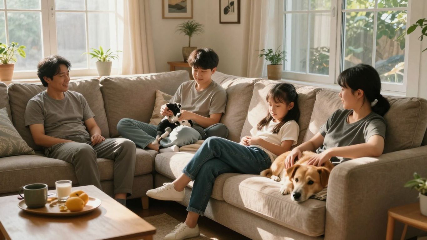 Familia relajada en casa, protegida por seguro.