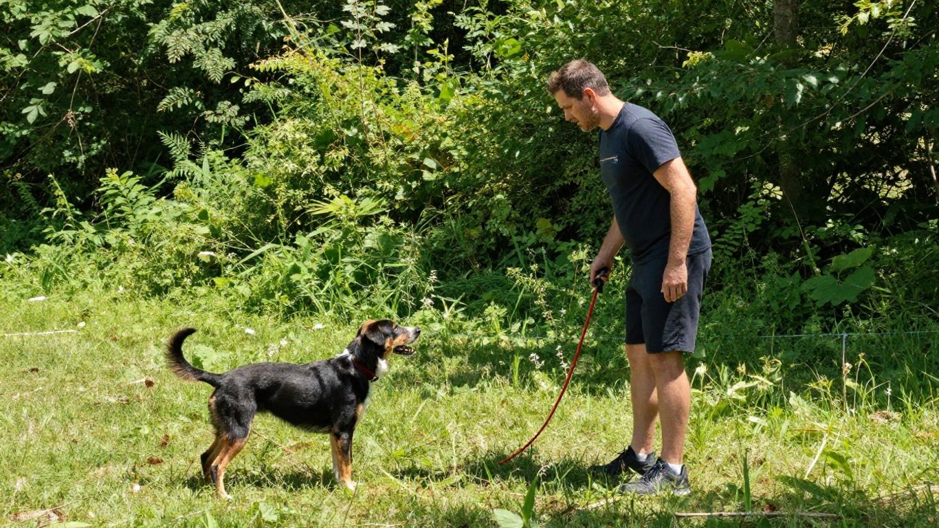Professional dog training session in a natural outdoor setting.