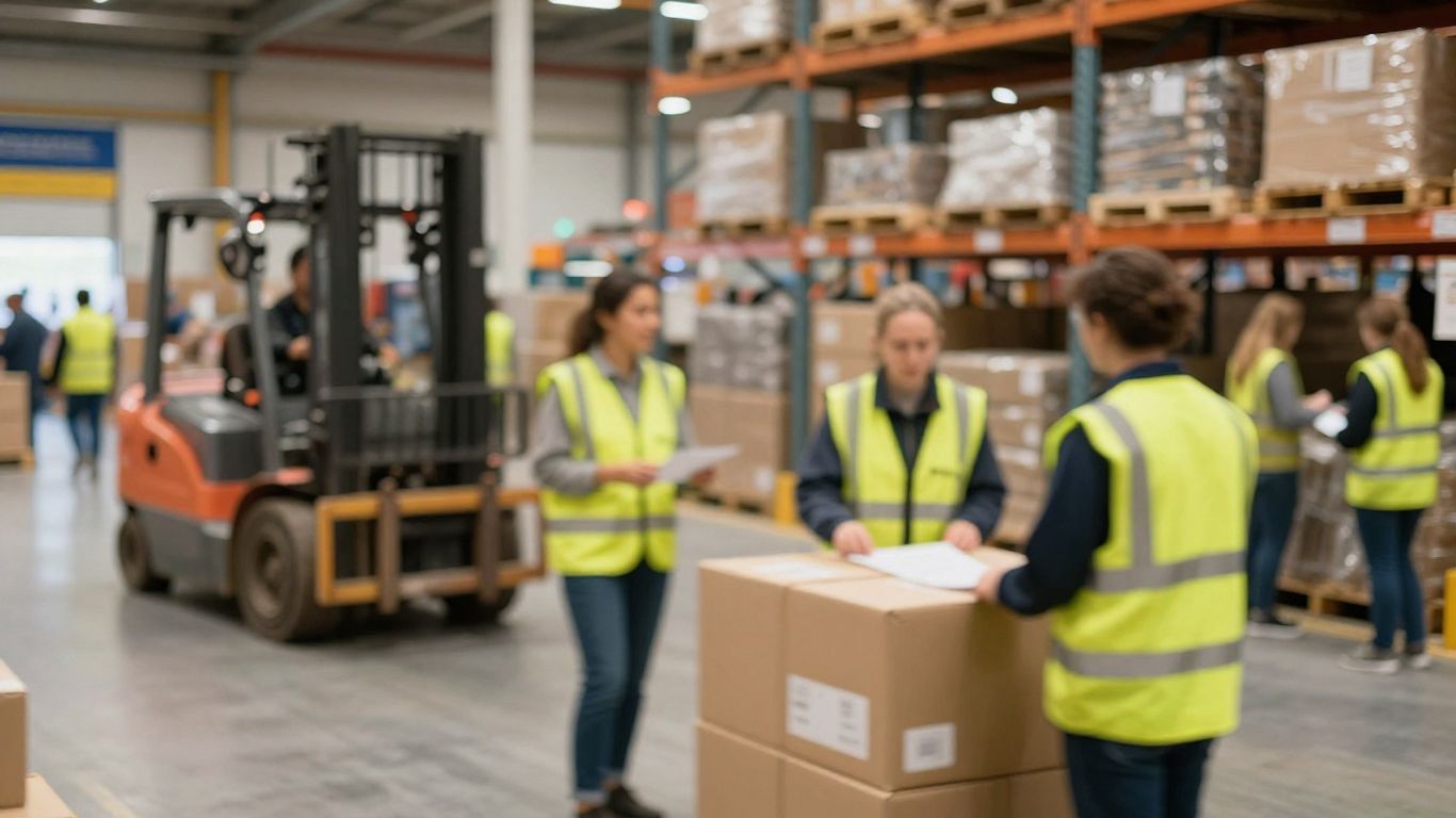 Blurred UK distribution center operations with logistics team.