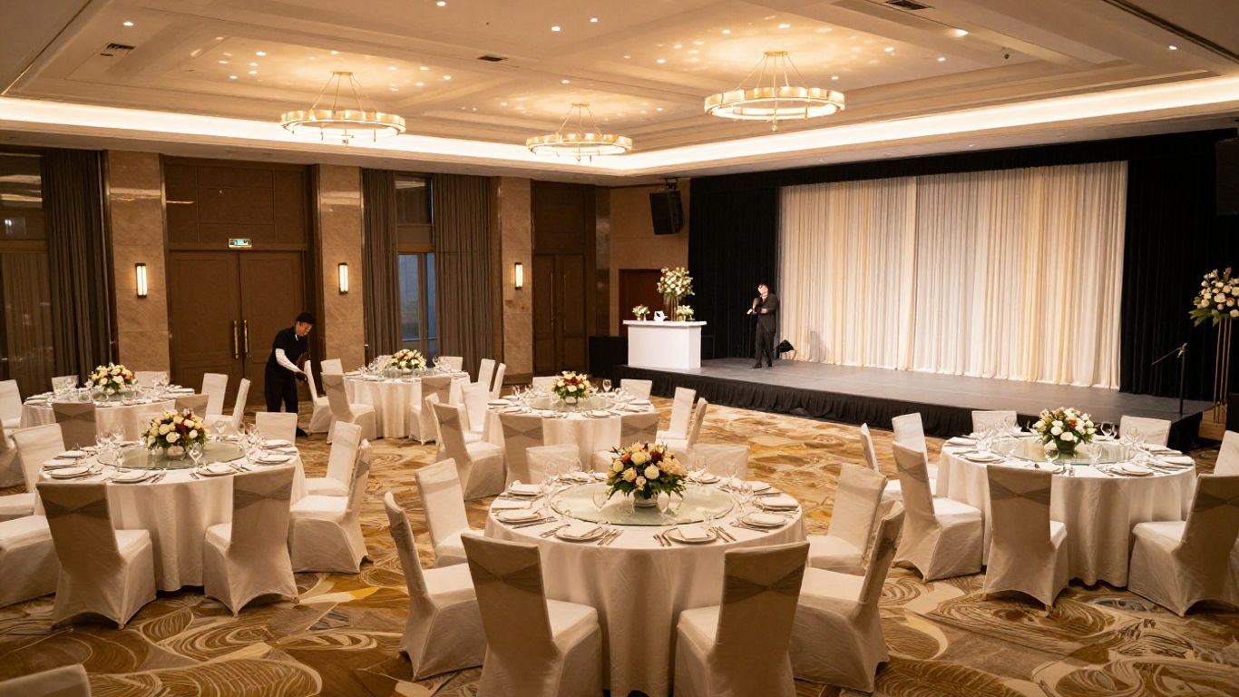 Elegant hotel ballroom prepared for a corporate conference