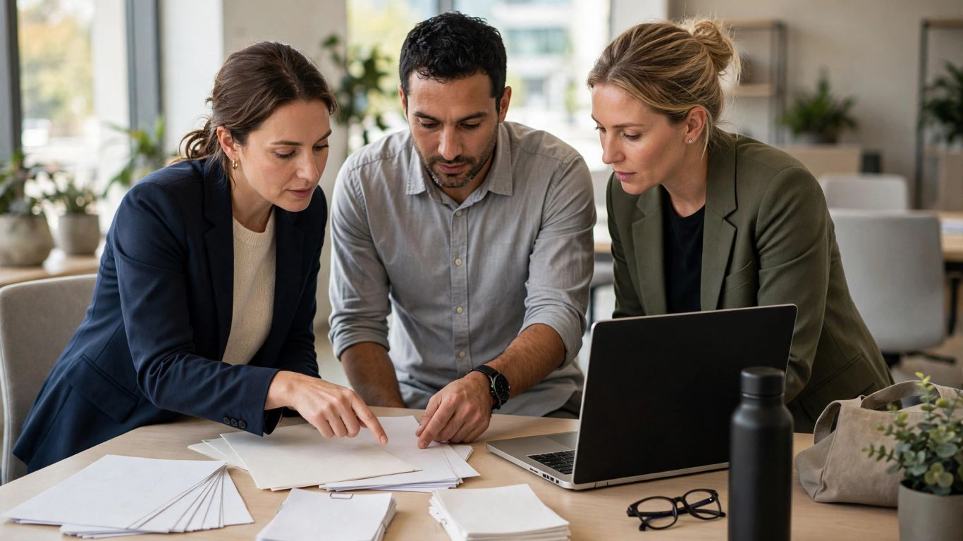 Equipo revisando órdenes de compra en una oficina