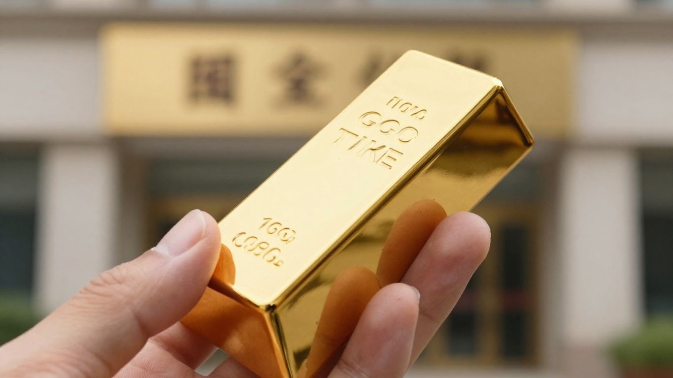Main d'une personne tenant une barre d'or devant une banque.