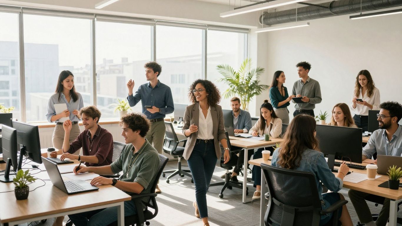 Personas trabajando juntas en un entorno de oficina moderno.