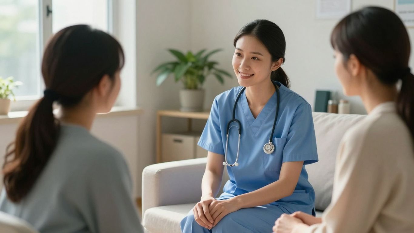 Nurse supporting patient in a calm healthcare setting.