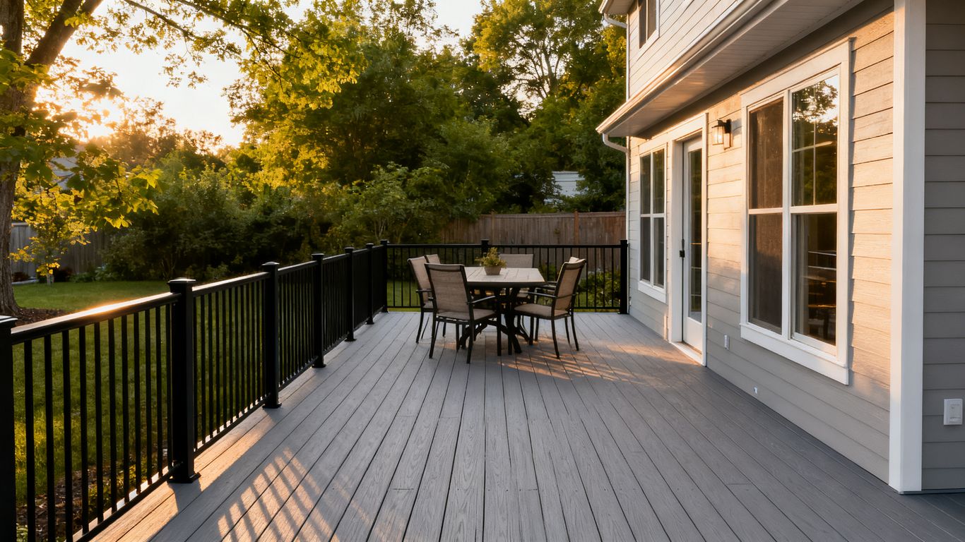 Composite deck beside a welcoming home