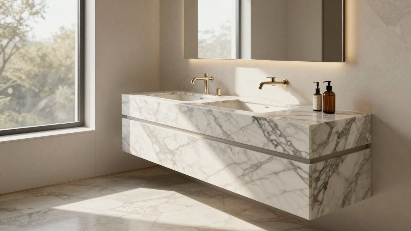 Elegant bathroom with marble countertop and stone sink.