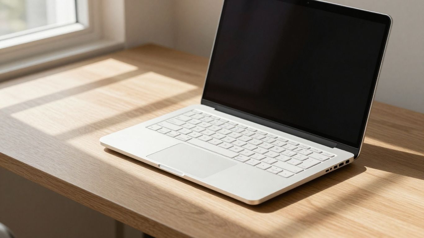 A clean minimalist workspace with a modern laptop screen