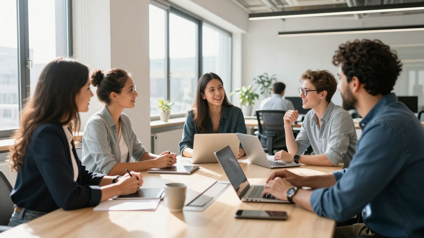 Modern SaaS sales team collaborating in a bright office.