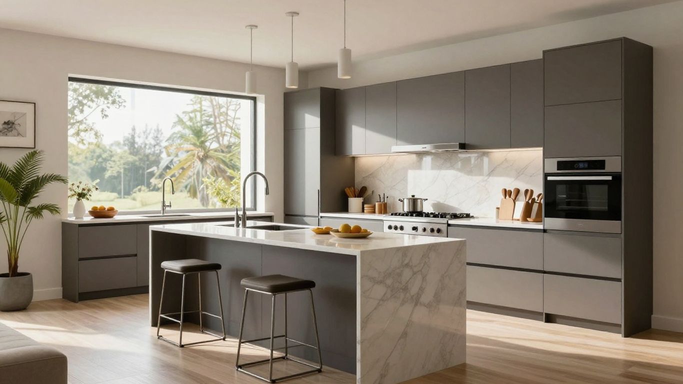 Modern kitchen renovation with sleek cabinets and appliances.
