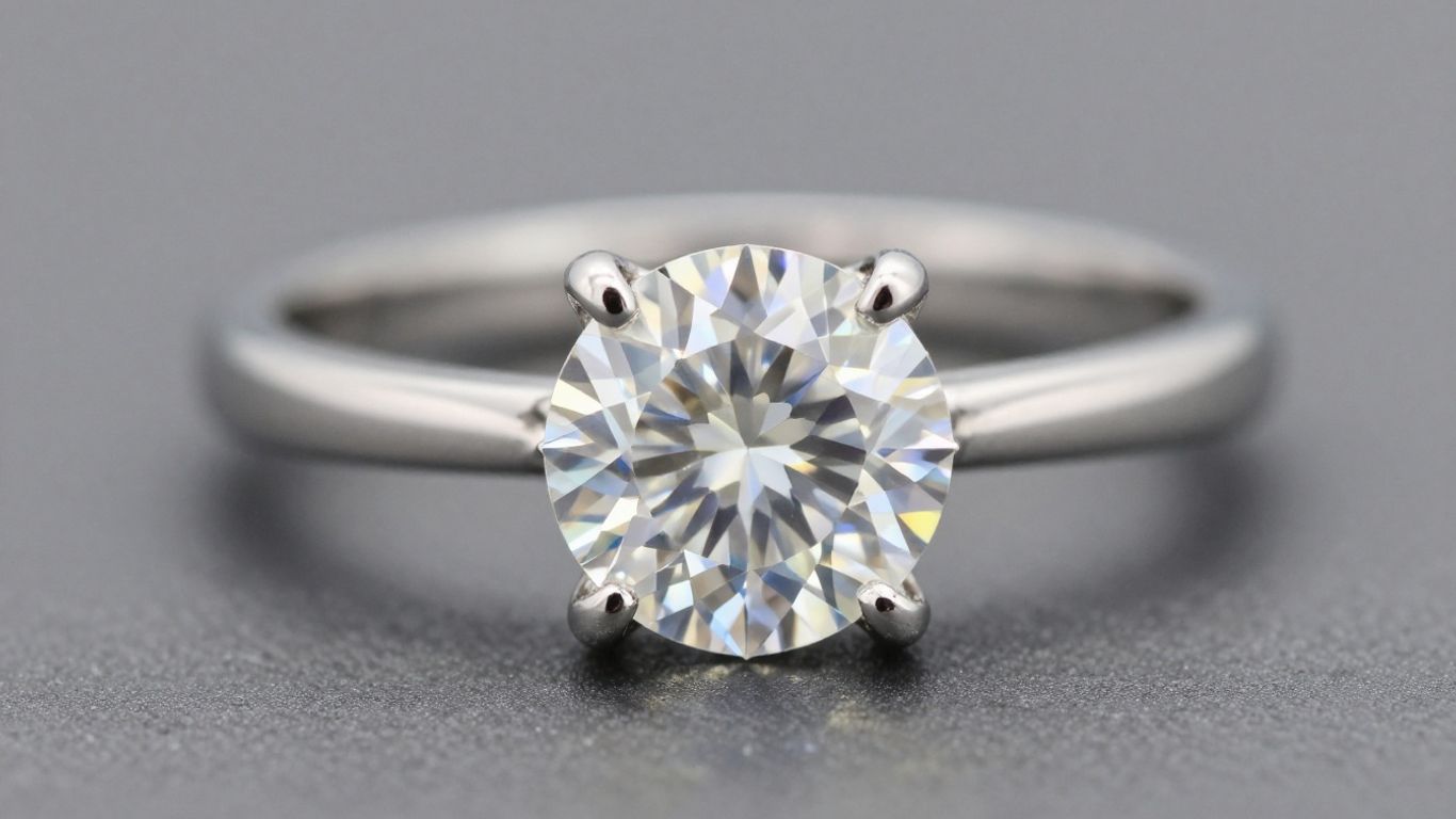 Elegant solitaire diamond ring on a blurred background.