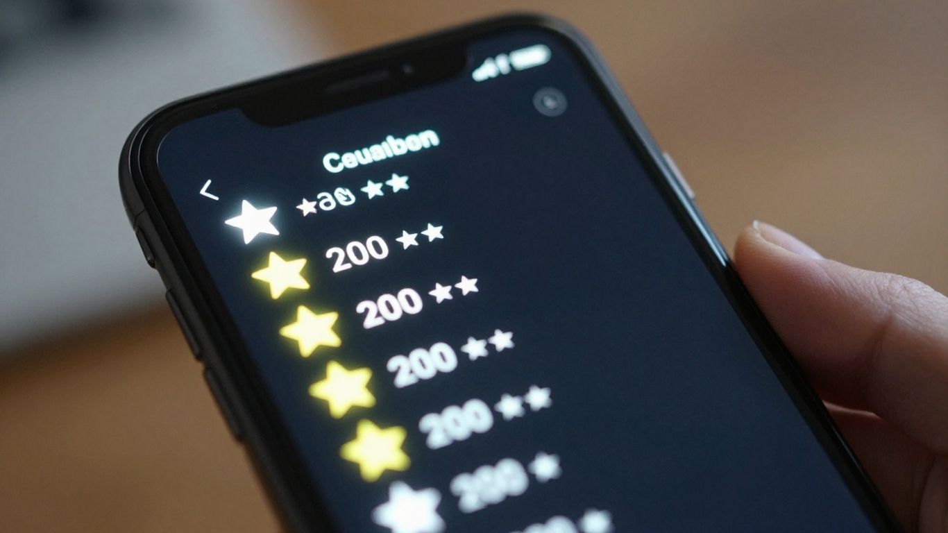 Smartphone showing 200+ positive customer reviews and star ratings.