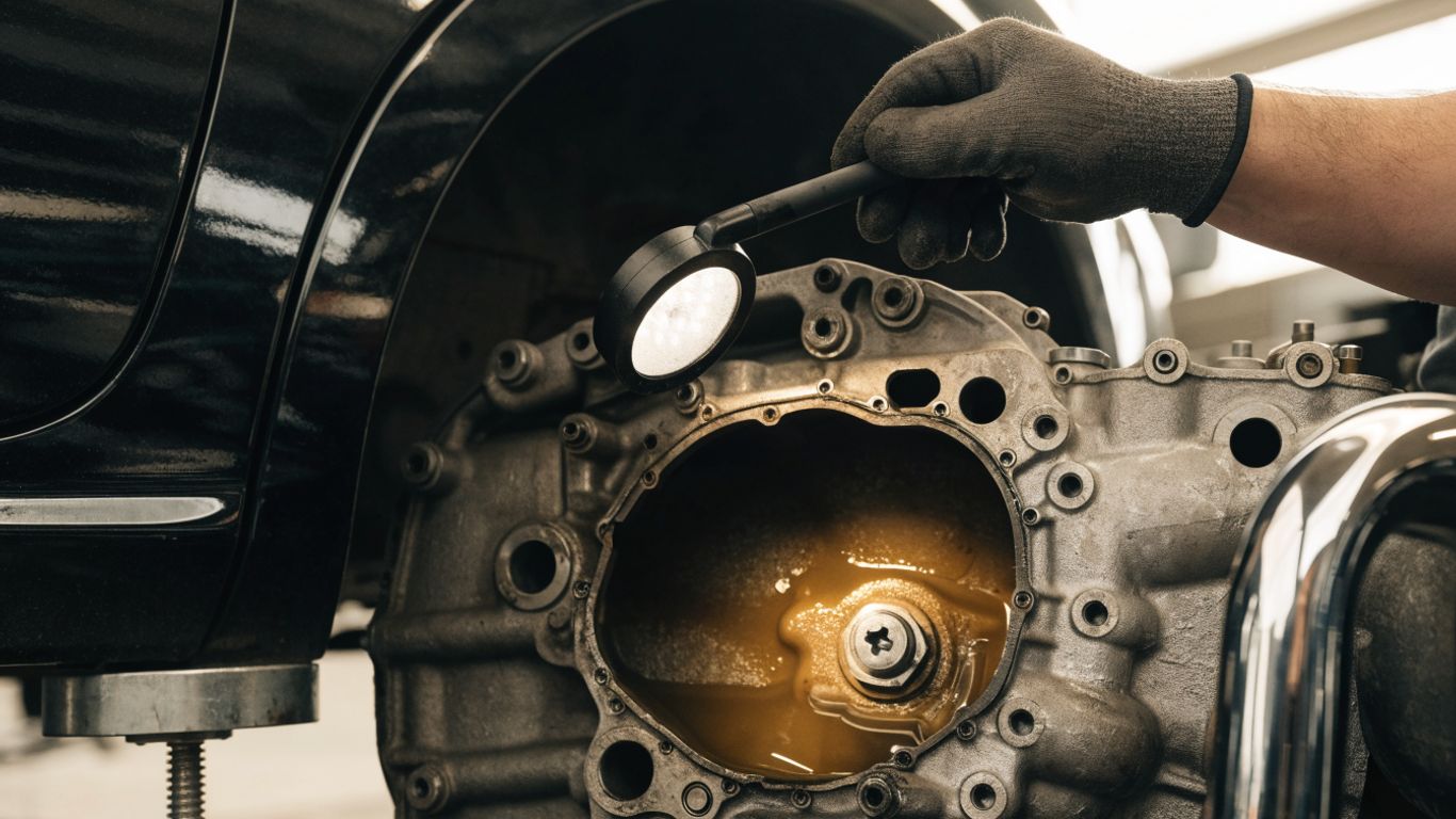 Technician checking gearbox fluid beneath a raised car