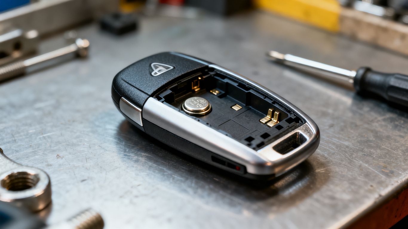 Close-up of a car key fob on workbench