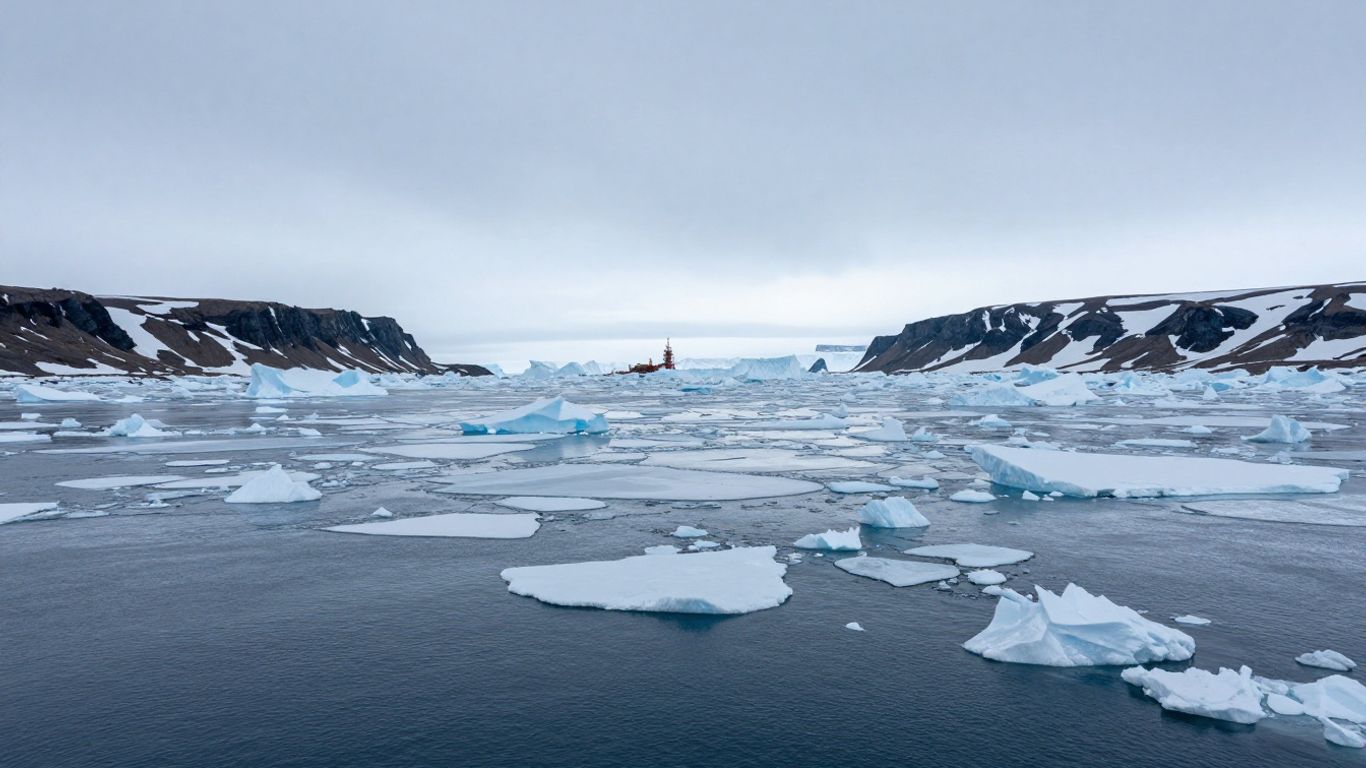 Arctic ocean with ice floes and distant refueling station.