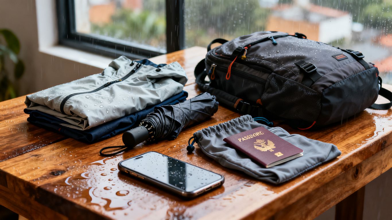 Compact rain protection beside travel essentials