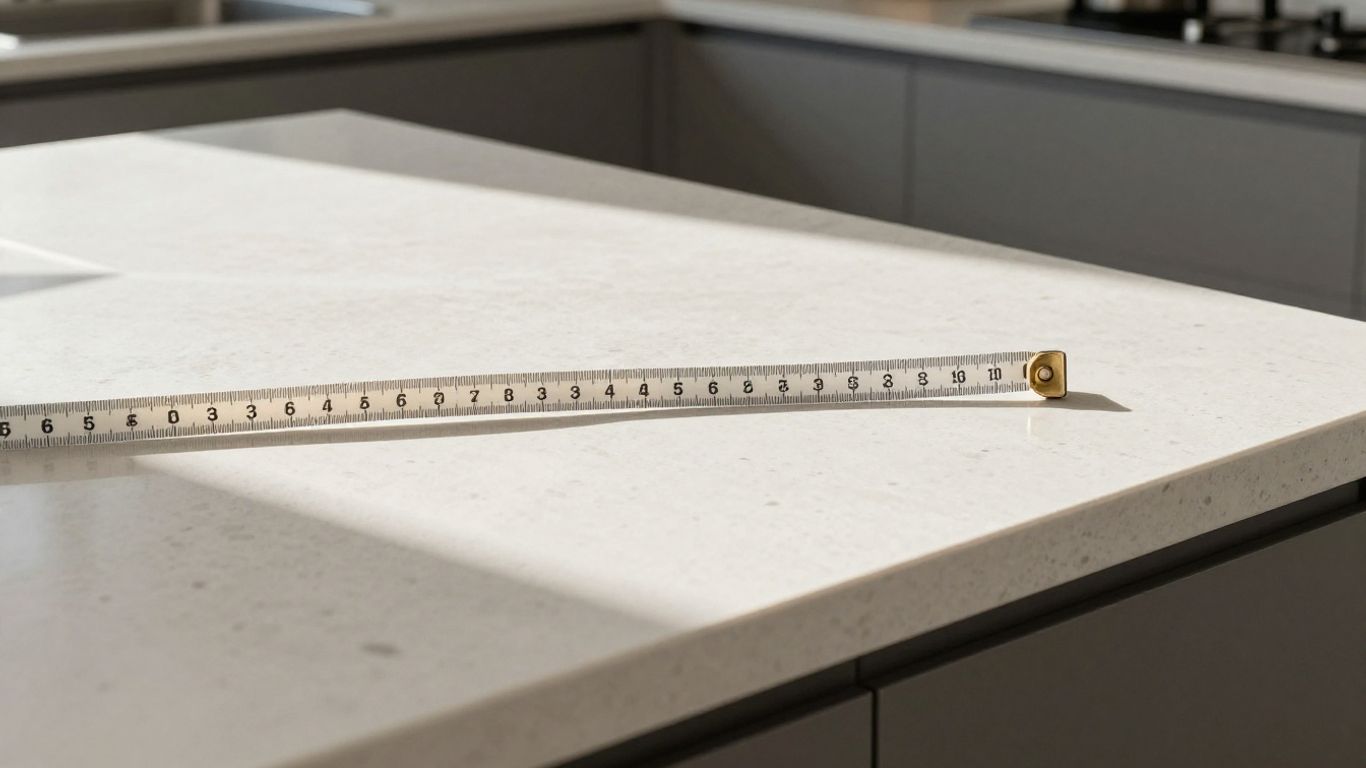 Kitchen countertop depth measured with a tape measure.
