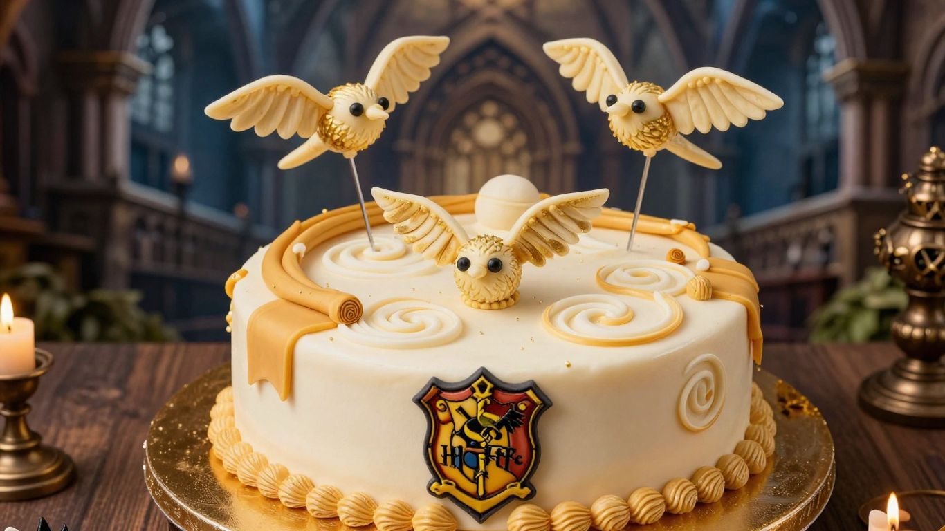 Magical Harry Potter cake with golden snitches and Hogwarts crest.