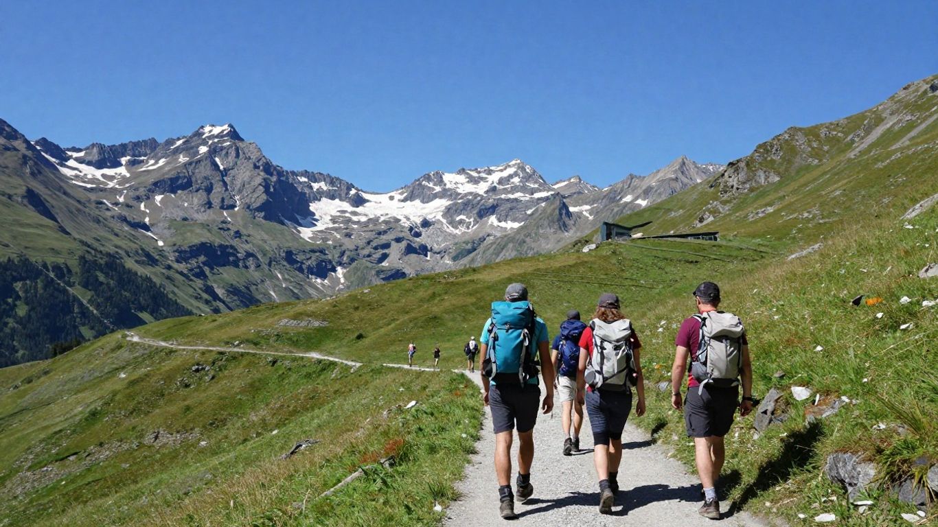 Wanderer in den Schweizer Alpen auf grünem Wanderweg