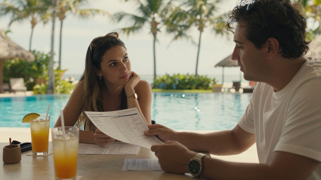 Couple reviewing resort costs beside tropical pool