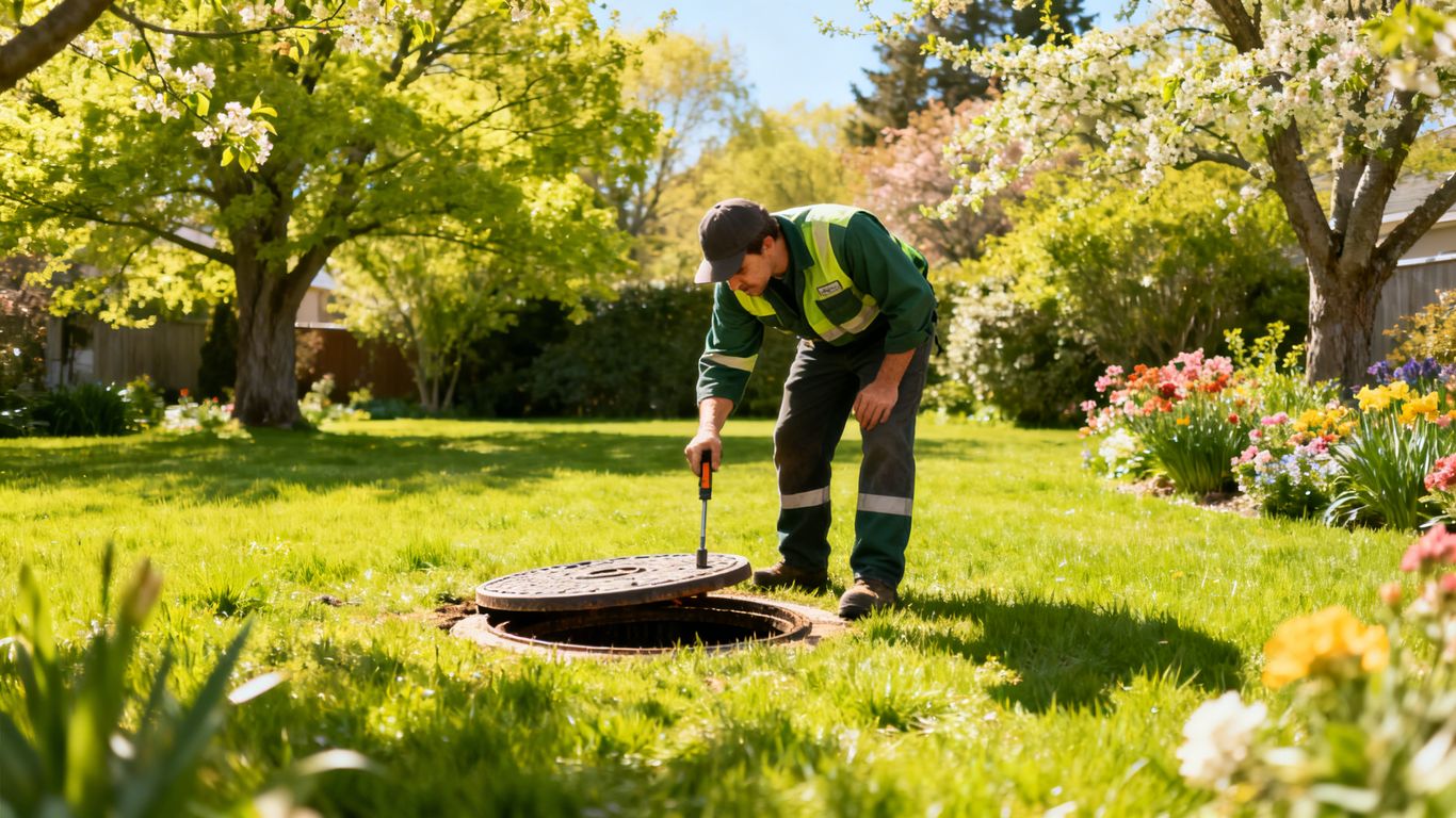 Septic system inspection in a sunny spring yard.