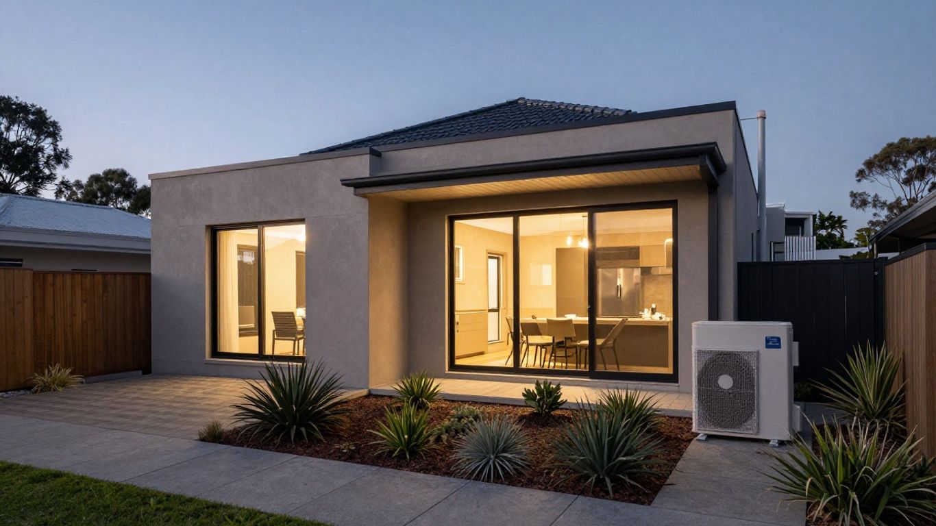 Modern heat pump beside Australian suburban home