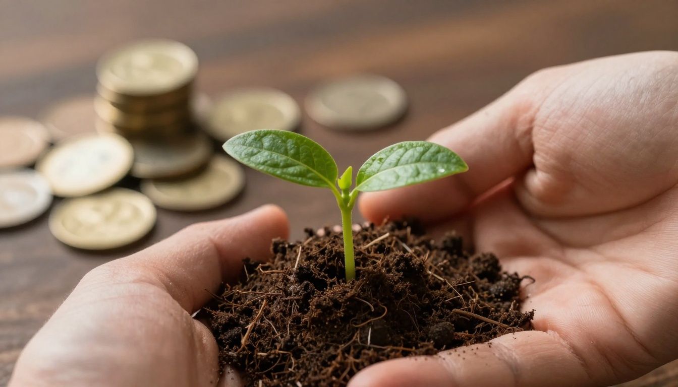 A sprouting plant with Australian coins in the background.