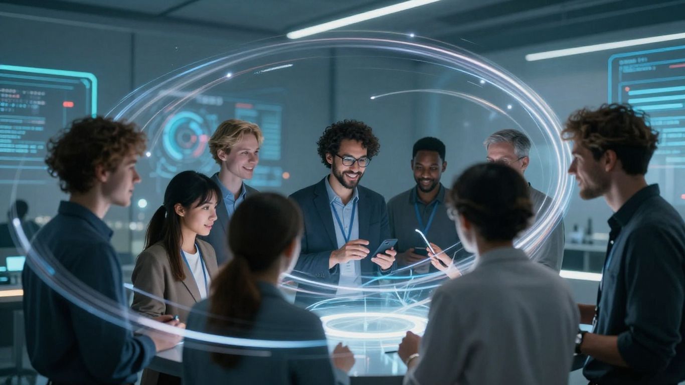 Accenture innovation challenge. People interacting with futuristic technology and light trails.