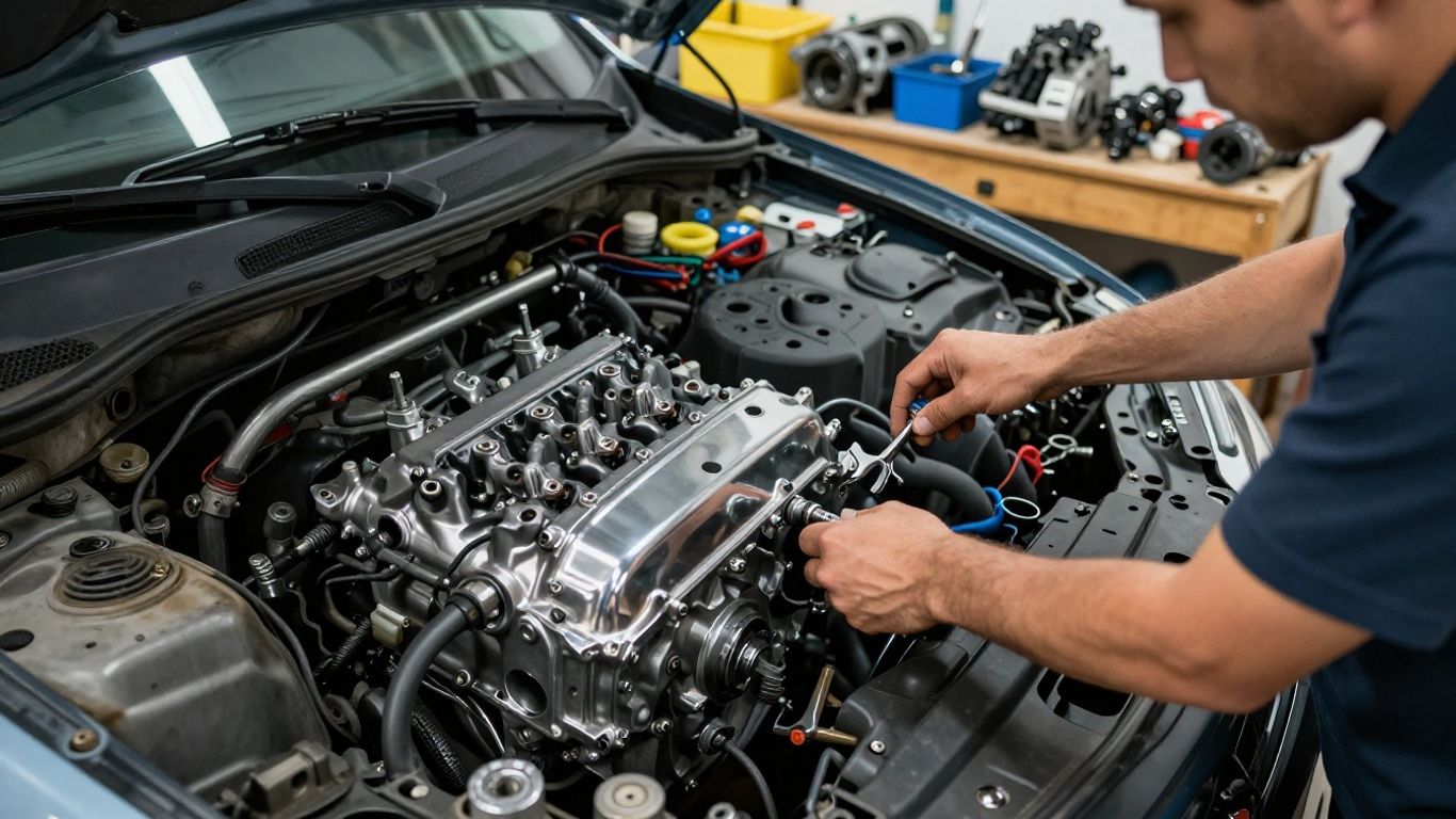 Mechanic installing Mitsubishi engine in workshop