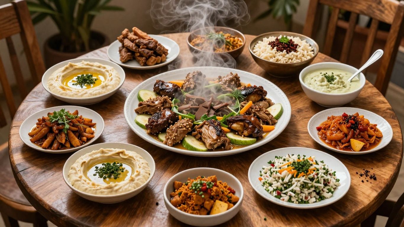 Authentic Jordanian food spread on a wooden table.