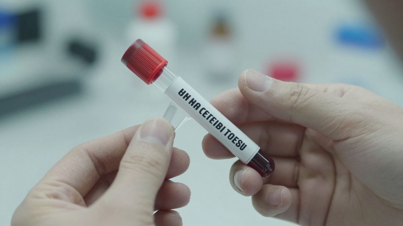 Blood test tube held by medical professional's hands.