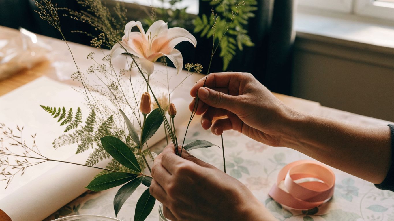 Seasonal bouquet wrapped in paper on a florist’s worktable