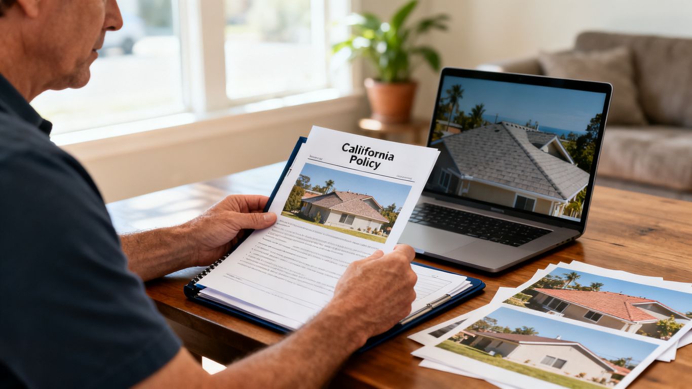 California homeowner reviewing insurance policy and roof photos