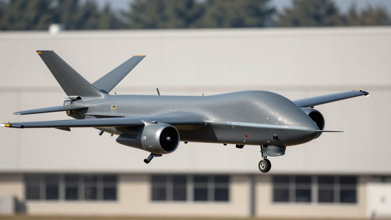 Modern military drone in flight, defense industry background.