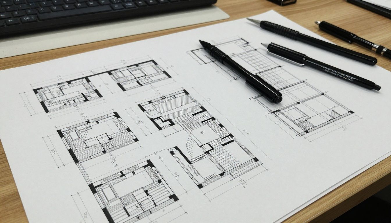 Tela de um projeto profissional desenvolvido no AutoCAD, com plantas técnicas, ferramentas de desenho e detalhes arquitetônicos