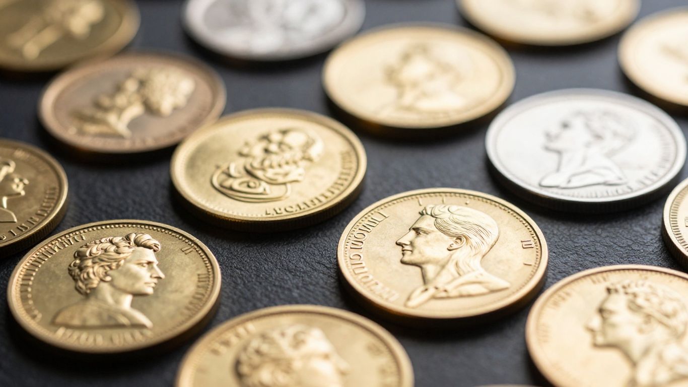 Gold and silver medallions displayed on a dark surface.