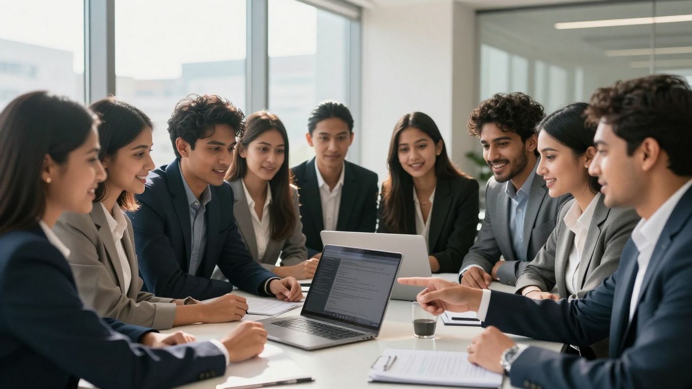 Students working together in a bright, modern office setting.