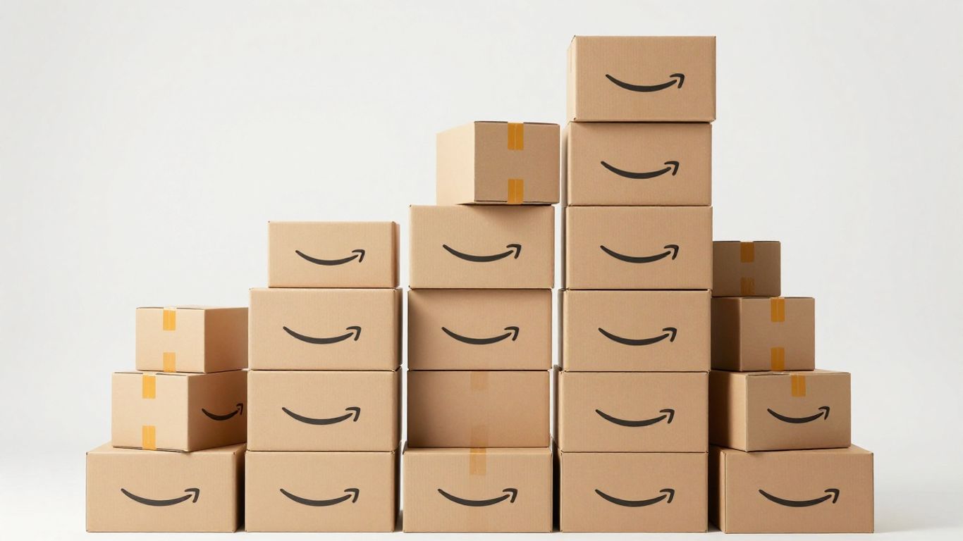 Growing stack of Amazon product boxes