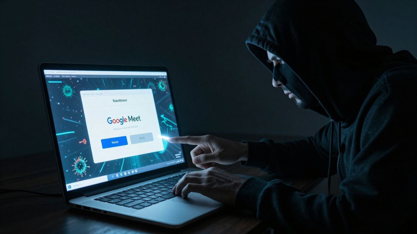 Hacker clicking fake Google Meet update on a laptop.