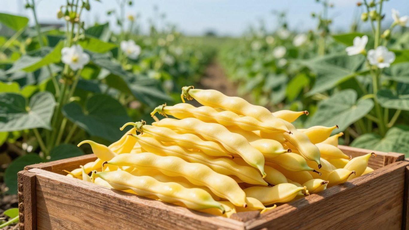 Harvested yellow wax beans in a garden crate.