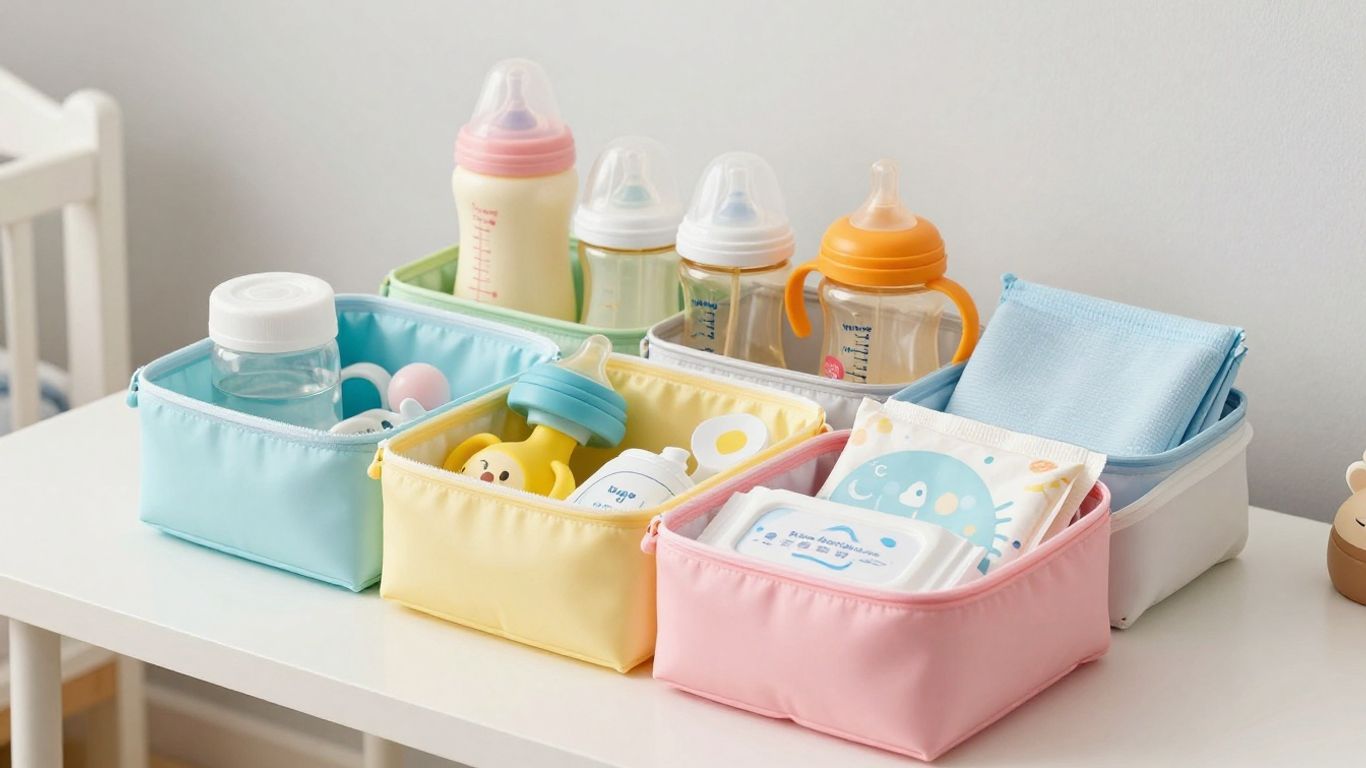 Colorful diaper bag organizer pouches with baby essentials